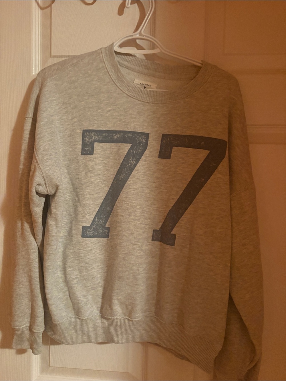 American Eagle Outfitters Gray Crewneck Sweatshirt with Navy '77 Graphic